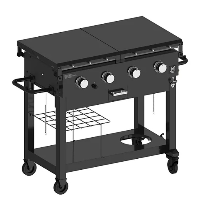 A black, wheeled outdoor grill with a flat-top cooking surface featuring four control knobs, side handles, and a lower storage shelf.