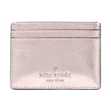 A metallic pink Kate Spade New York cardholder with two card slots and embossed branding.