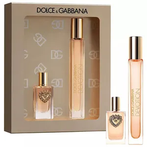 Dolce & Gabbana gift set featuring two perfumes: a small bottle with a heart emblem and a tall bottle labeled \“Devotion.\“