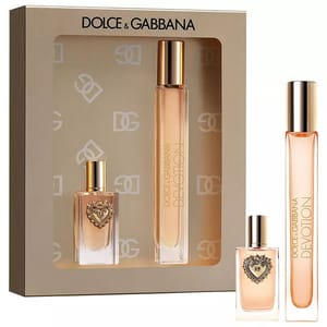 Dolce & Gabbana gift set featuring two perfumes: a small bottle with a heart emblem and a tall bottle labeled \“Devotion.\“