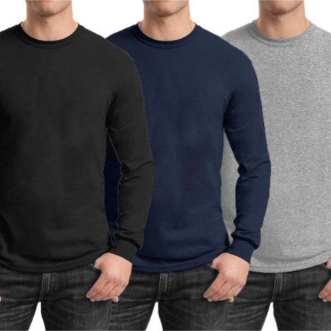 Three long-sleeve crew neck shirts in black, navy blue, and gray are displayed on male models wearing dark jeans.