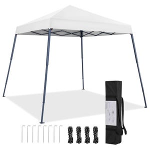 A white pop-up canopy tent with a blue frame, accompanied by a carrying bag, stakes, and ropes.