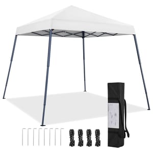 A white pop-up canopy tent with a blue frame, accompanied by a carrying bag, stakes, and ropes.