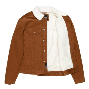 Brown jacket with a white sherpa lining and collar, featuring front chest pockets and button closures.