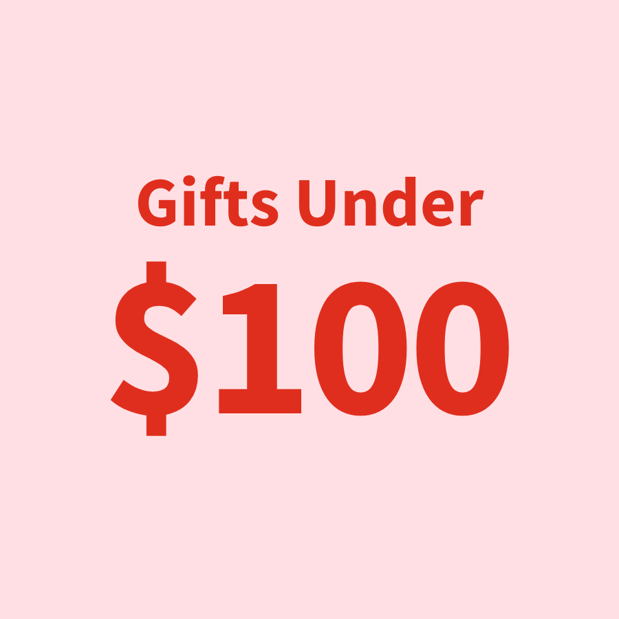 Text on a pink background stating \“Gifts Under $100\“ in red.