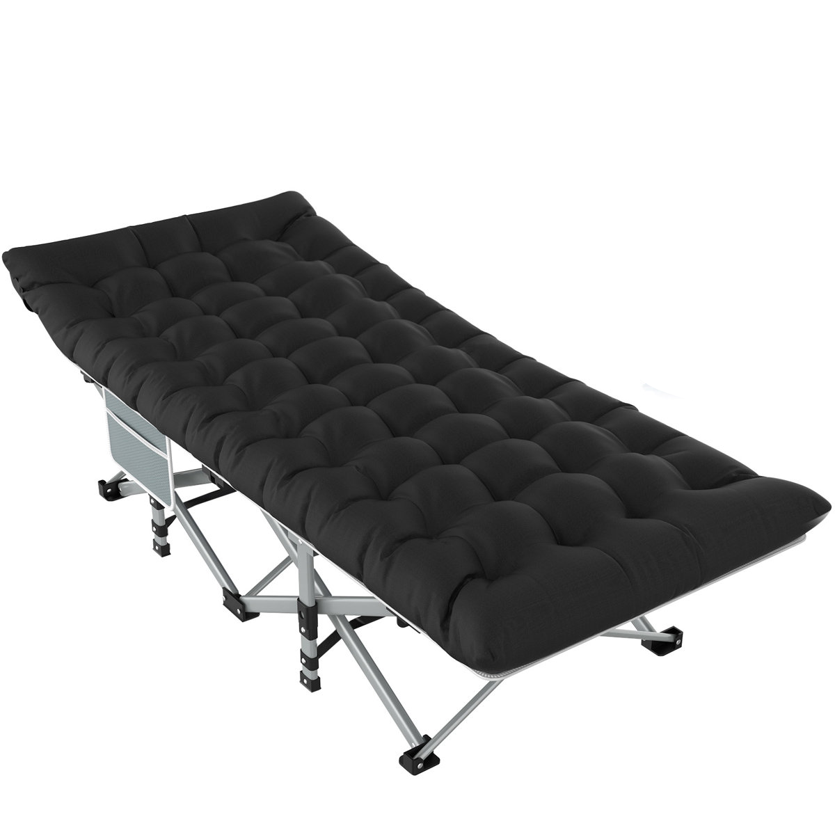 A lightweight, foldable camp cot with a plush black air mattress featuring a textured design, supported by a sturdy metal frame, ideal for outdoor or portable sleeping arrangements.