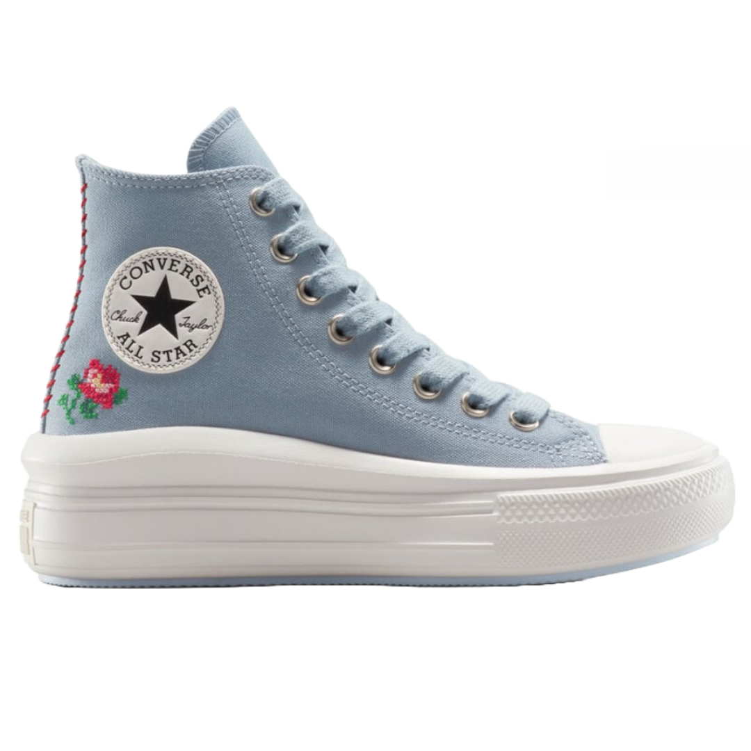 Light blue Converse All Star high-tops with a platform sole and embroidered red rose detail on the side, featuring silver eyelets and a classic rubber toe cap.
