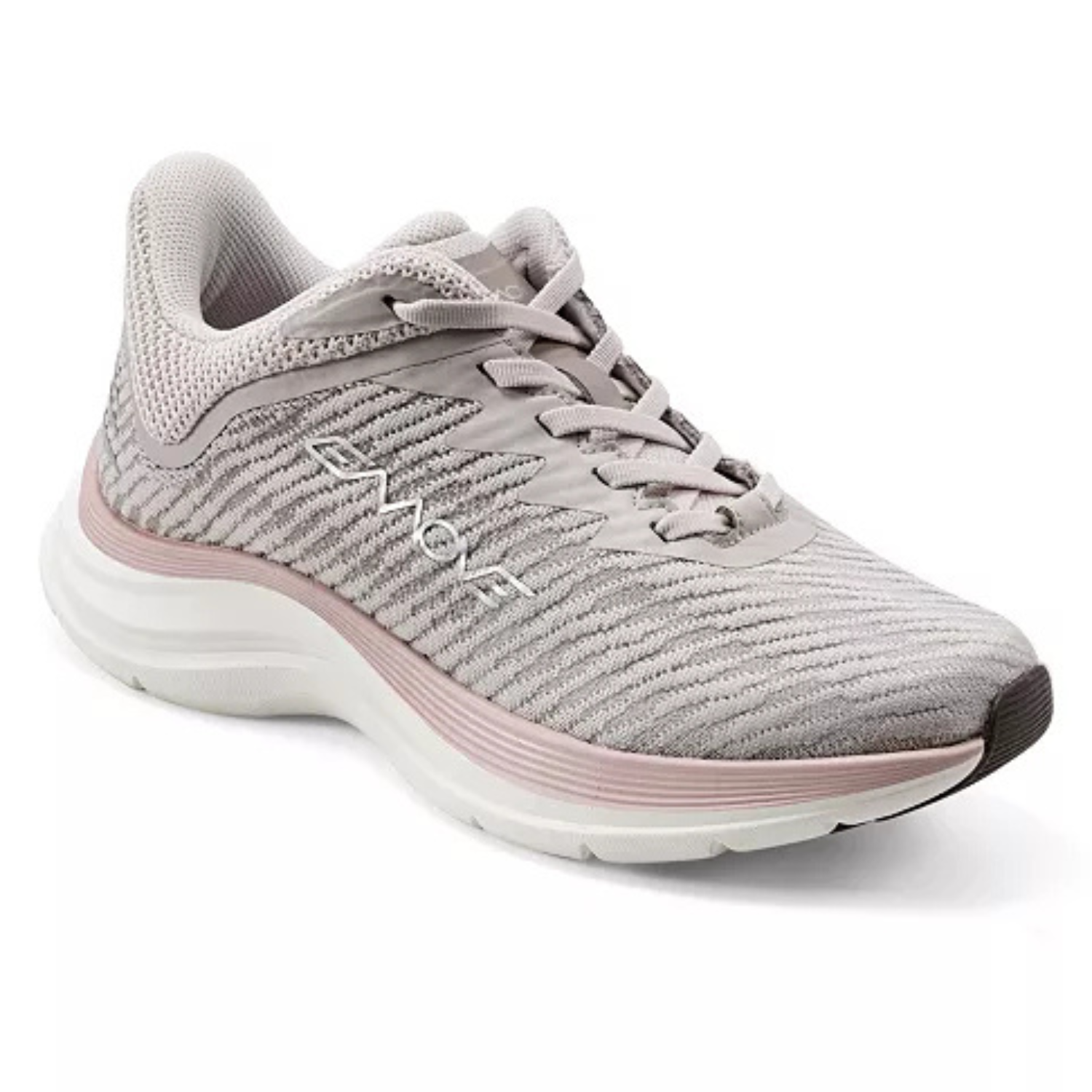A single light grey athletic shoe with a textured design and a white sole.