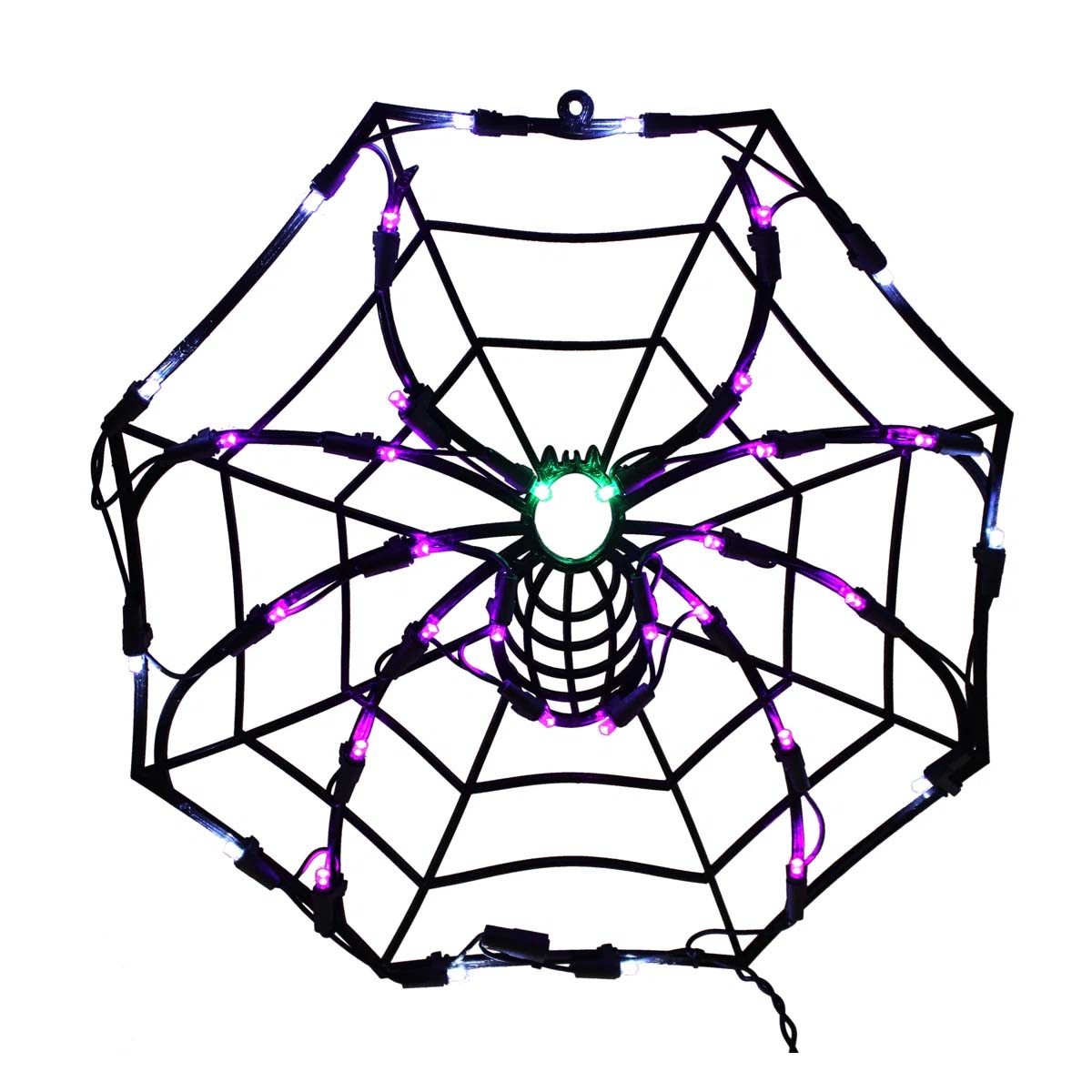 A spider web light decoration featuring purple, green, and white LED lights on a black frame, creating a spooky aesthetic suitable for Halloween.