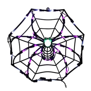 A spider web light decoration featuring purple, green, and white LED lights on a black frame, creating a spooky aesthetic suitable for Halloween.