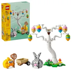 LEGO set featuring a seasonal scene with a tree, colorful egg ornaments, a small cart, a bird, a bunny, and a net, containing 140 pieces.