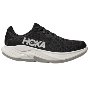 A black Hoka running shoe with a white midsole and \“HOKA\“ logo on the side.