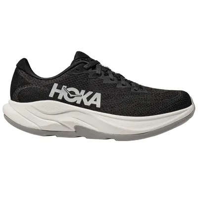 A black Hoka running shoe with a white midsole and \“HOKA\“ logo on the side.