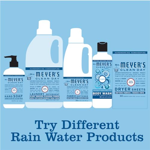 Mrs. Meyer's Clean Day Rain Water products include hand soap, laundry detergent, fabric softener, body wash, and dryer sheets, each in varying bottle sizes and packaging.