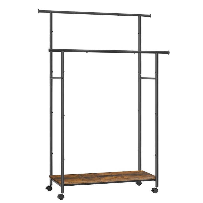 A double-tier metal garment rack with a wooden lower shelf and four caster wheels for mobility.