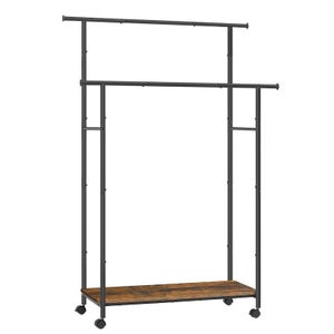 A double-tier metal garment rack with a wooden lower shelf and four caster wheels for mobility.