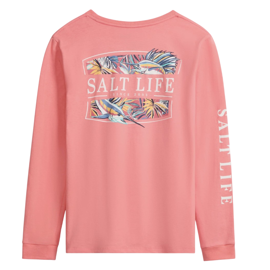 Coral long-sleeve shirt with \“Salt Life\“ printed on the back and sleeve, featuring colorful fish and palm leaf graphics.