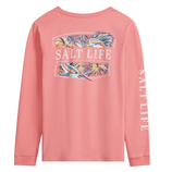 Coral long-sleeve shirt with \“Salt Life\“ printed on the back and sleeve, featuring colorful fish and palm leaf graphics.