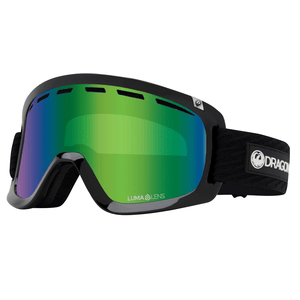 Dragon Snow Goggles feature a sleek black frame with vibrant green mirrored lenses and a black adjustable strap, designed for winter sports. The lenses are marked with \“Lumalens\“ for enhanced clarity and contrast in various light conditions.