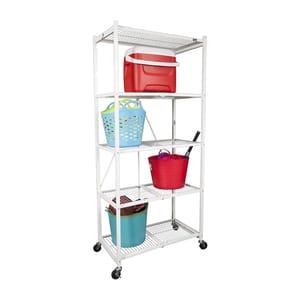 White metal rack with five shelves on wheels, holding various colored baskets and buckets.