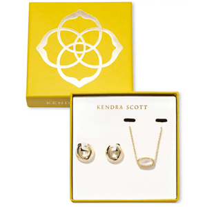 A 2-piece Kendra Scott gift set includes a pair of gold-tone hoop earrings and a matching necklace, both elegantly displayed in a yellow box with a decorative pattern on the lid.