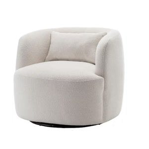 A modern, round, white upholstered swivel chair with an integrated cushion.