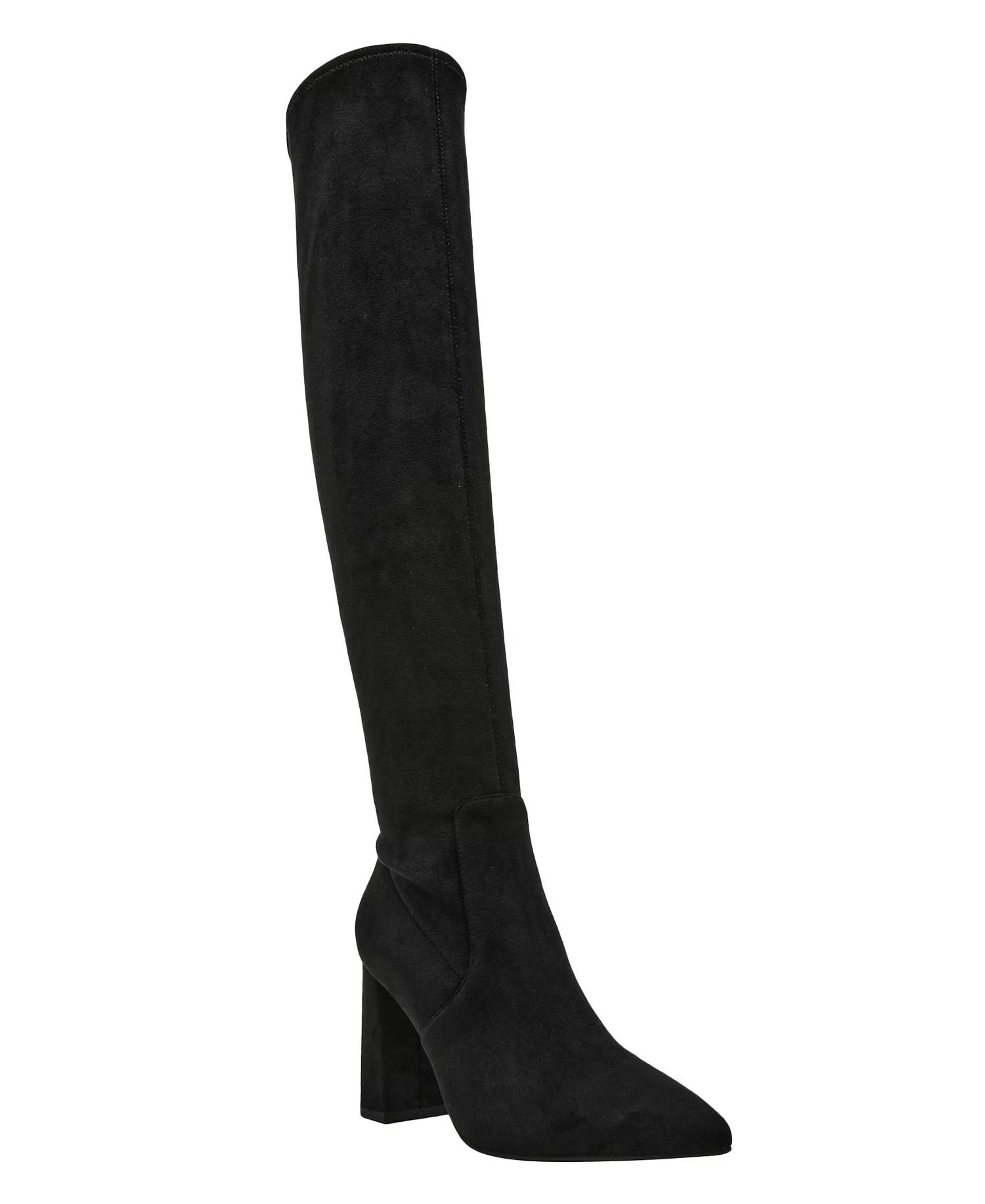 A black knee-high boot with a pointed toe and block heel, made from suede material.