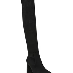 A black knee-high boot with a pointed toe and block heel, made from suede material.