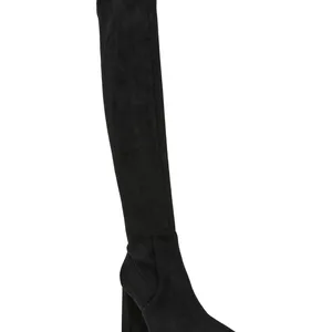 A black knee-high boot with a pointed toe and block heel, made from suede material.
