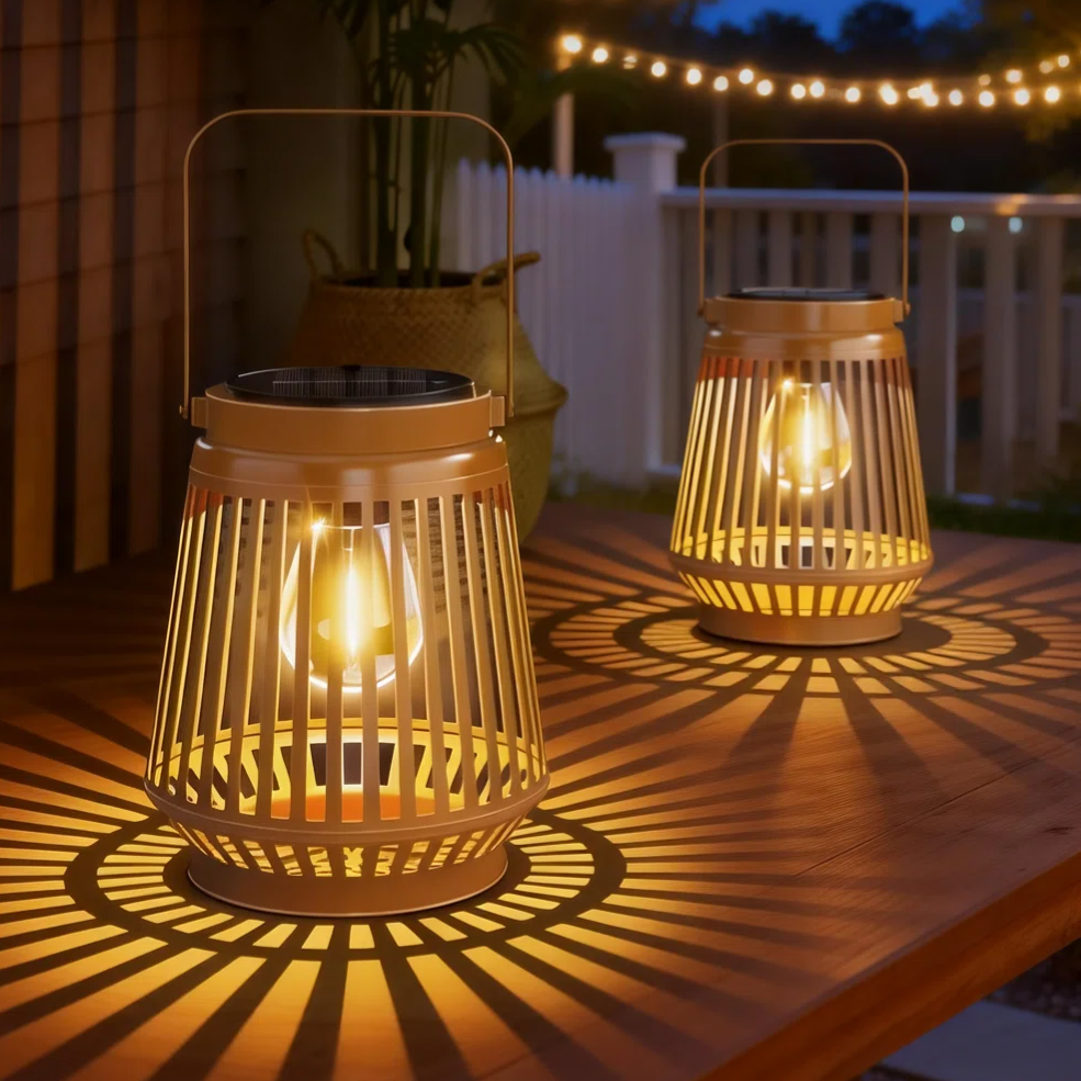 Solar-powered lanterns with metal slats create a decorative light pattern on a wooden table, with string lights hanging in the background.