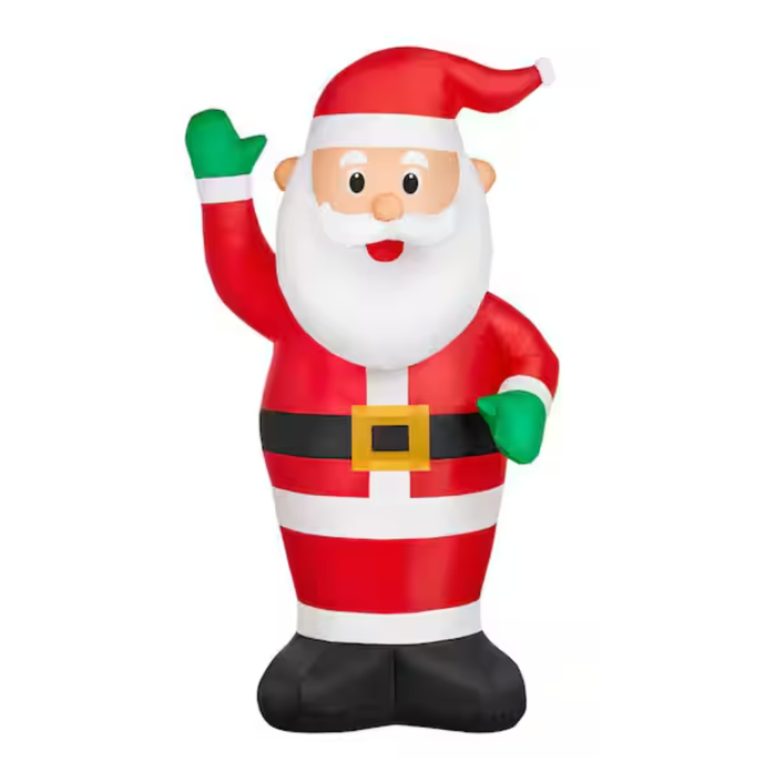 Inflatable Santa Claus in a red and white suit with a waving hand and green gloves.