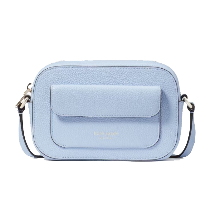 A light blue, rectangular crossbody bag with a front flap and gold lettering.