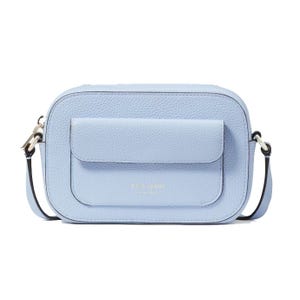A light blue, rectangular crossbody bag with a front flap and gold lettering.