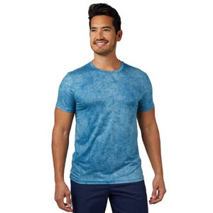 A blue crew-neck short-sleeve t-shirt made of a soft, comfortable fabric with a subtle printed texture.