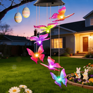 Solar-powered butterfly wind chimes with colorful LED lights hang in a garden setting, accompanied by decorative hanging eggs and bunny figurines near a flower bed.