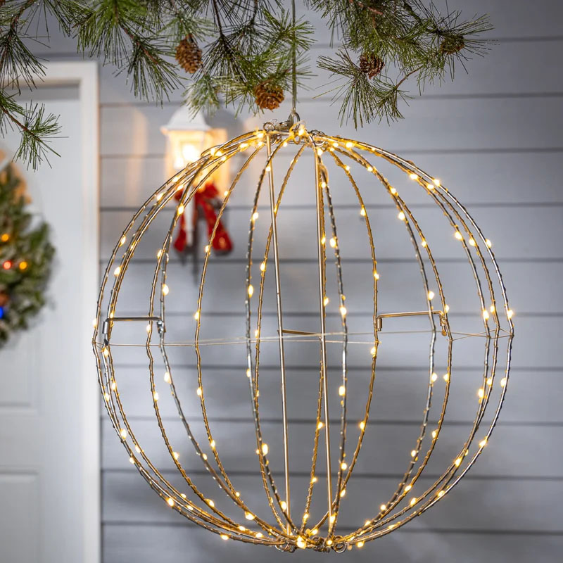 A spherical frame adorned with warm white LED lights, designed to hang as a festive outdoor decoration.