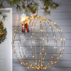 A spherical frame adorned with warm white LED lights, designed to hang as a festive outdoor decoration.