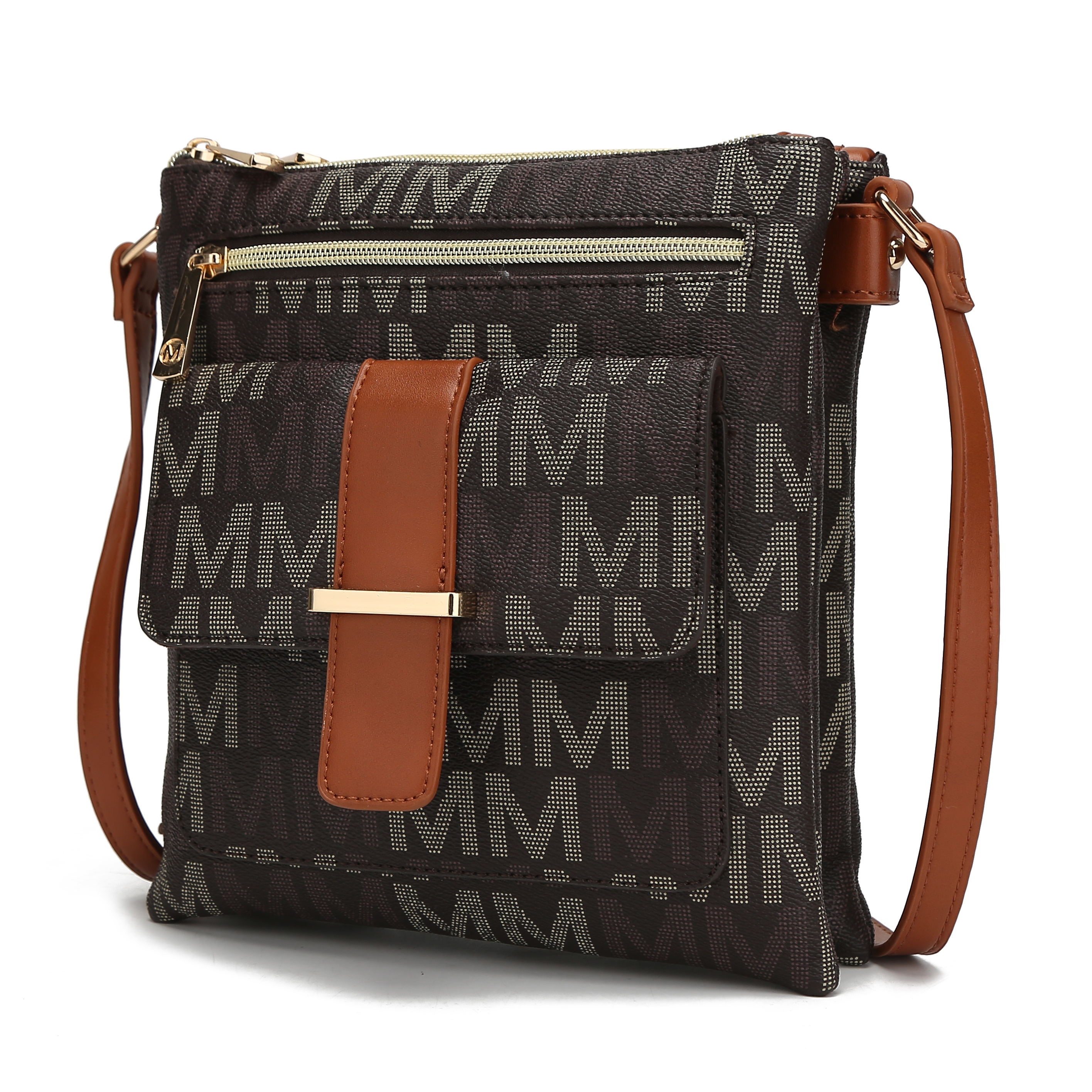 A brown crossbody bag features a monogram design with the letter \“M\“ and has a front flap pocket with a tan leather strap and gold-tone detail.