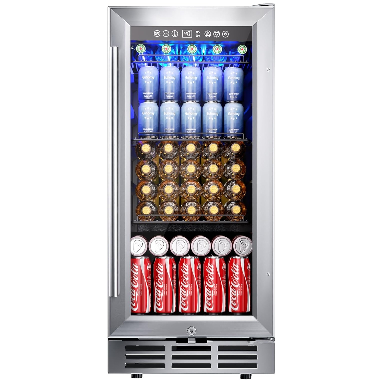A stainless steel mini fridge with a glass door and blue interior lighting holds three rows of drinks: the top row has blue cans, the middle row has brown bottles, and the bottom row has red Coca-Cola cans.