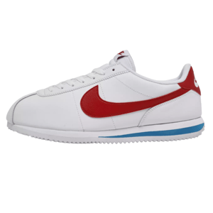 White athletic shoe with red Nike swoosh, blue accent on the midsole, and white serrated outsole.