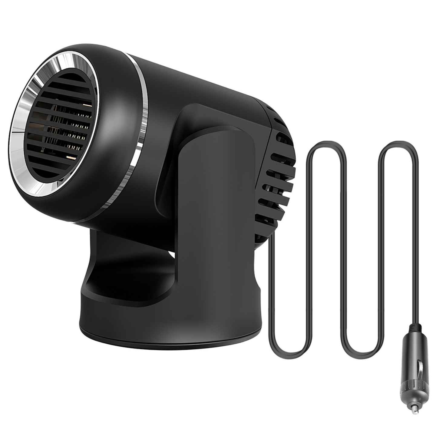 A compact, black car heater with a cylindrical design, featuring a grate-covered front and a built-in stand, connected to a power source with a long cable and a car cigarette lighter plug.