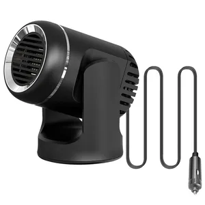 A compact, black car heater with a cylindrical design, featuring a grate-covered front and a built-in stand, connected to a power source with a long cable and a car cigarette lighter plug.
