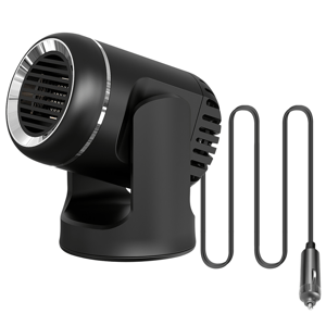 A compact, black car heater with a cylindrical design, featuring a grate-covered front and a built-in stand, connected to a power source with a long cable and a car cigarette lighter plug.