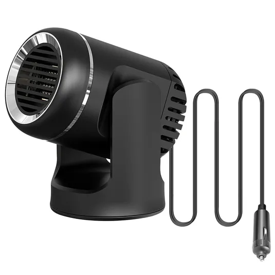 A compact, black car heater with a cylindrical design, featuring a grate-covered front and a built-in stand, connected to a power source with a long cable and a car cigarette lighter plug.