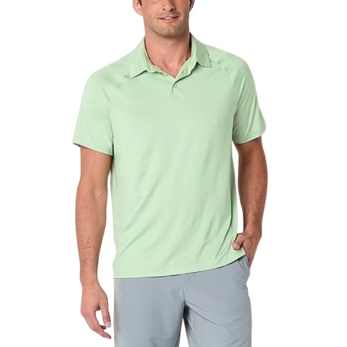 Light green short-sleeve polo shirt made from cooling, moisture-wicking fabric, featuring a classic collar and button closure, paired with gray pants.
