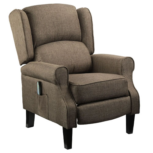 Fabric upholstered reclining chair with padded armrests, high back, and dark wooden legs; features include a side pocket for storage.