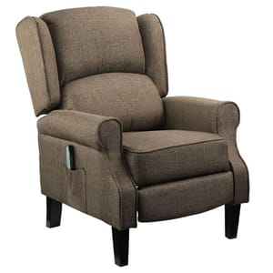 Fabric upholstered reclining chair with padded armrests, high back, and dark wooden legs; features include a side pocket for storage.