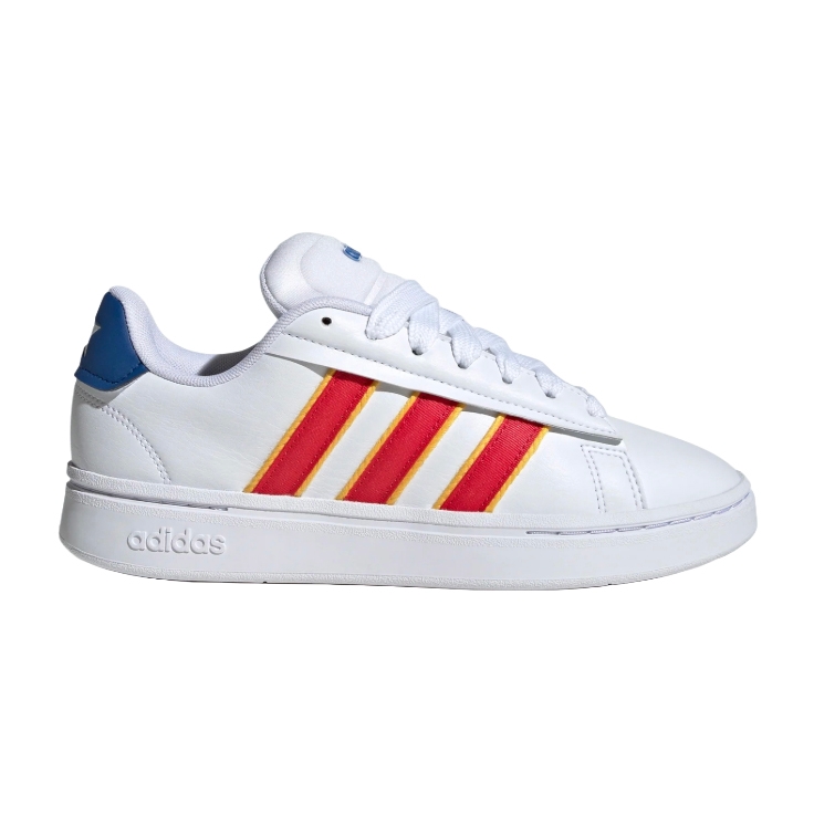 Adidas Grand Court Alpha Shoes feature a white design with red and yellow stripes and blue accents on the heel. The sneaker includes a white sole and classic Adidas branding, offering a clean, sporty look.