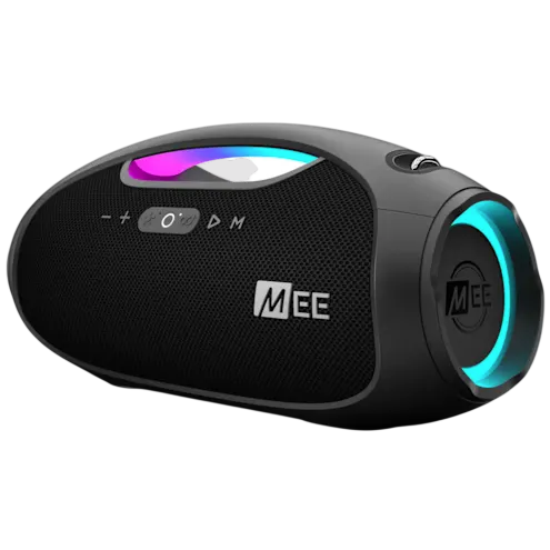A portable Bluetooth speaker with RGB lighting, featuring control buttons and the brand name \“MEE\“ on its front.