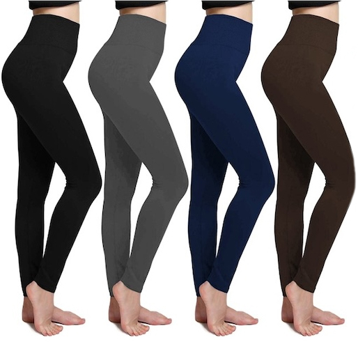 Four high-waist leggings in black, gray, navy blue, and brown, displaying a seamless design and ankle-length fit, highlighting their versatility and comfort.